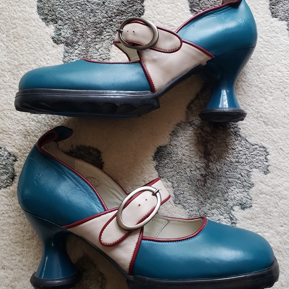 Fluevog Mary Janes Teal and Cream Heels
